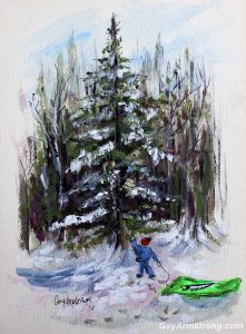 painting of a boy and sled in a winter forest looking for a Christmas tree