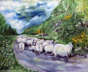 painting of a flock of sheep on a road in Ireland