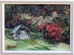 painting of a rustic cabin in autumn forest