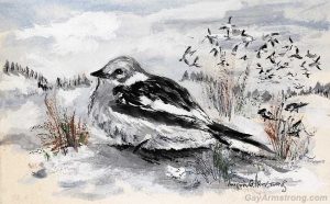 painting of a snow bunting bird in winter